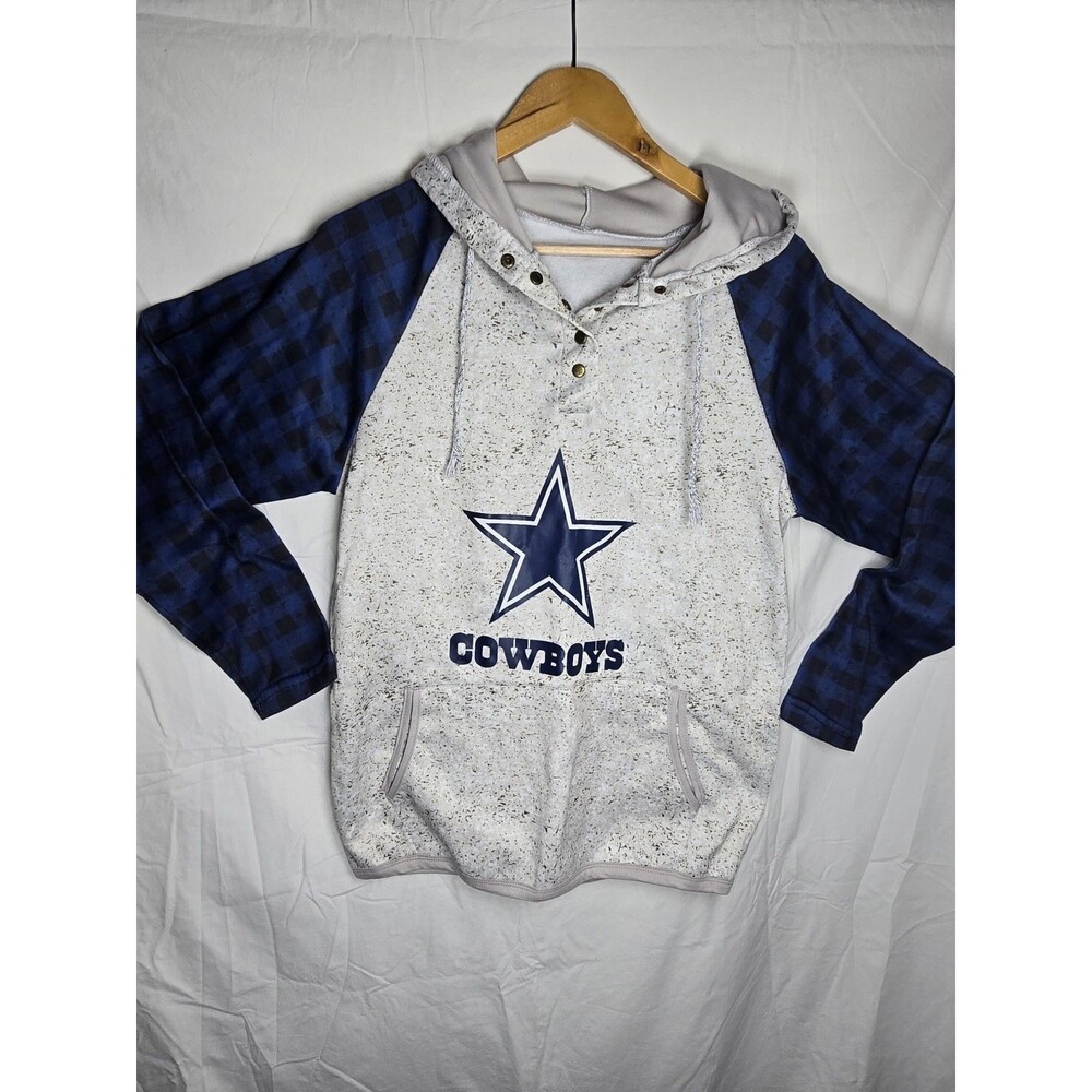 Dallas Cowboys Hoodie Men's Medium Gray Blue Plaid Sleeves Pullover Hooded...